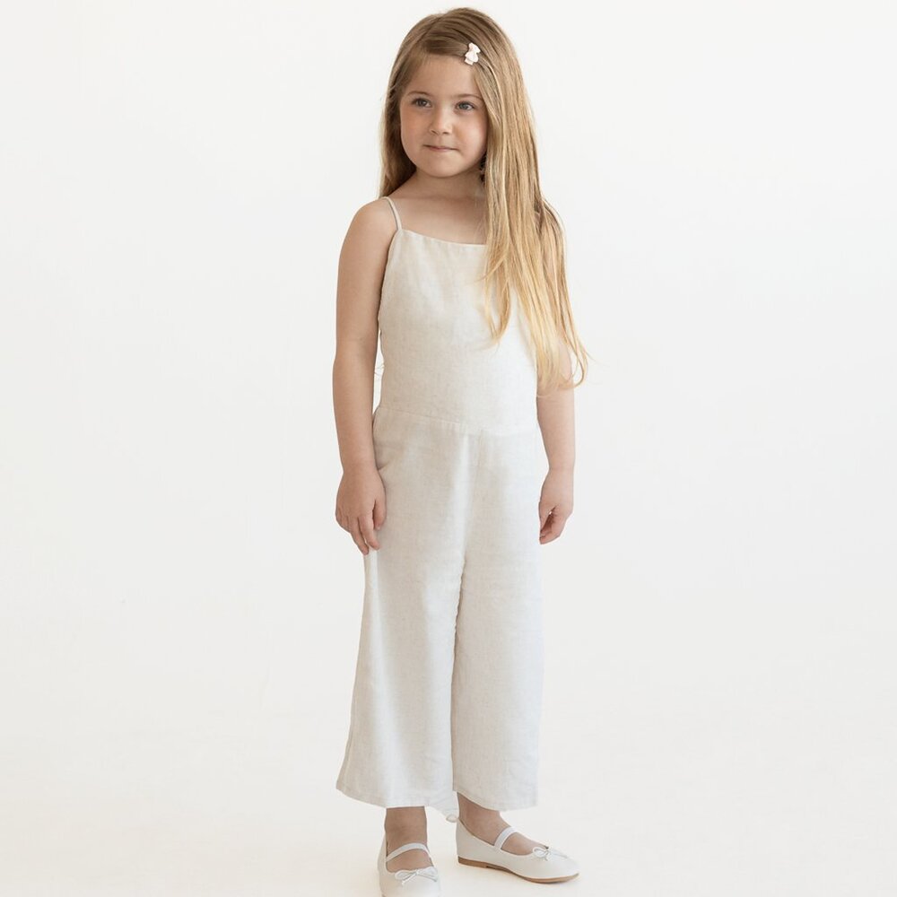 Beige Linen Girls' Jumpsuit | Cream Sleeveless Romper